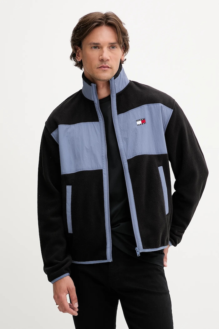Fleecová mikina Tommy Jeans bez kapuce modrá DM0DM21906