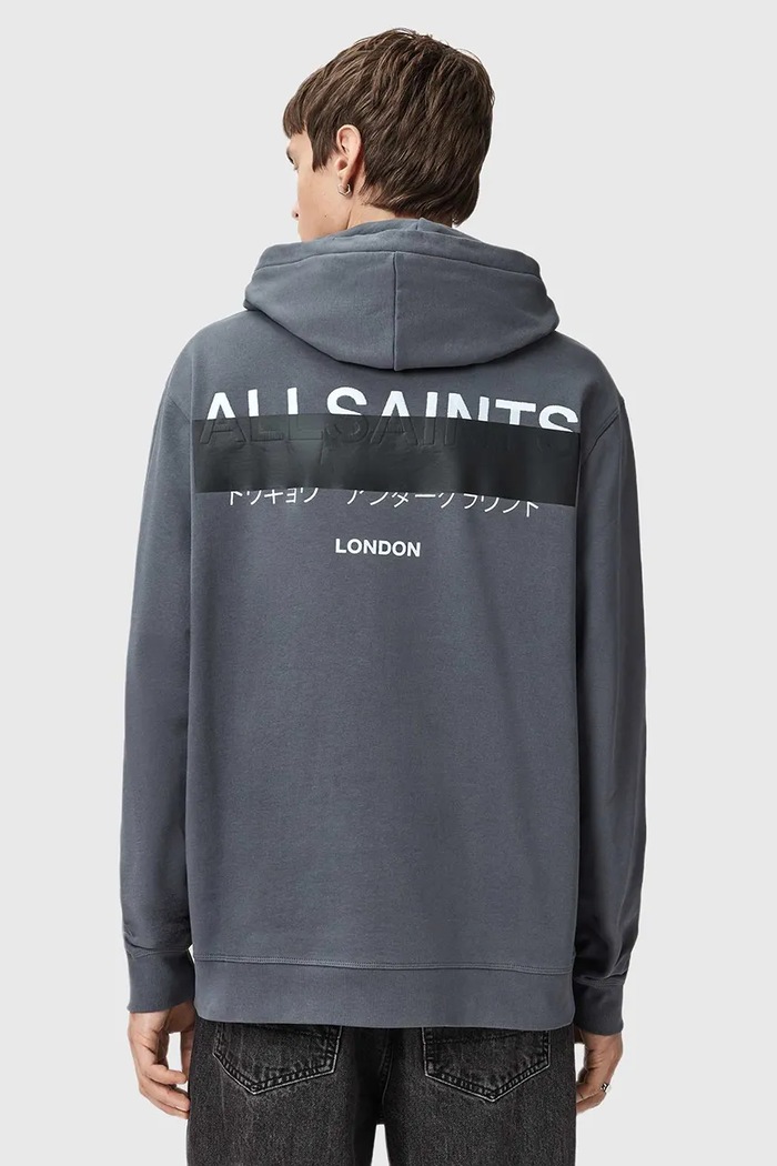 Bavlněná mikina AllSaints REDACT s kapucí modrá M001NC