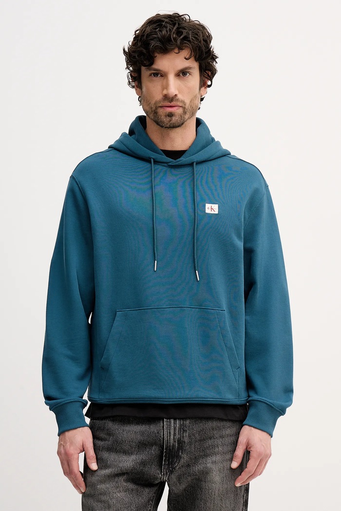 Calvin Klein Jeans mikina s kapucí pánská bavlněná tyrkysová LV04RC274G
