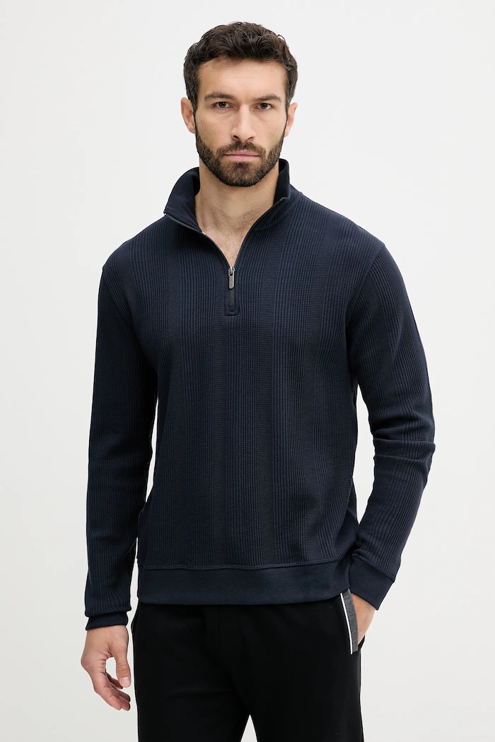 BOSS Bluza lounge męska z bawełną Structure 1/4 Zip granatowy 50545597