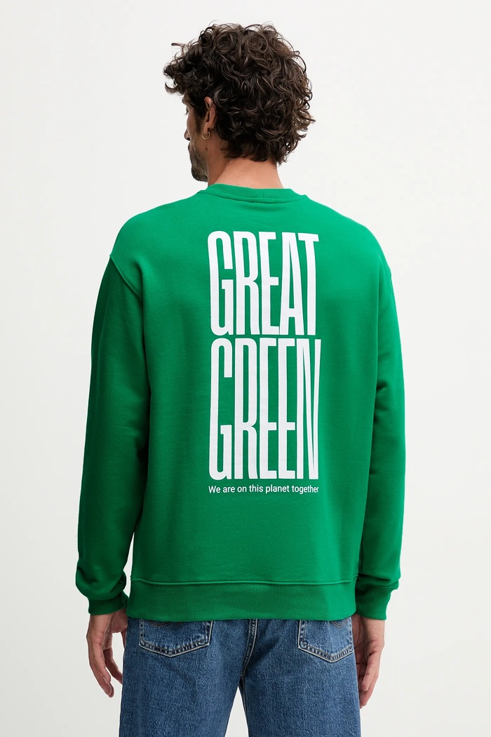 Bavlněná mikina United Colors of Benetton bez kapuce zelená 3FWYU10AZ