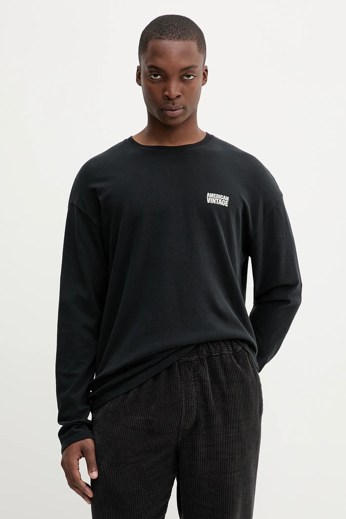 American Vintage longsleeve din bumbac print negru MYKO02B