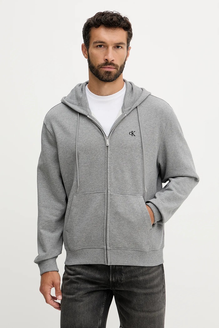 Calvin Klein Jeans hanorac cu fermoar și glugă pentru bărbați din bumbac uni gri LV04RD240G