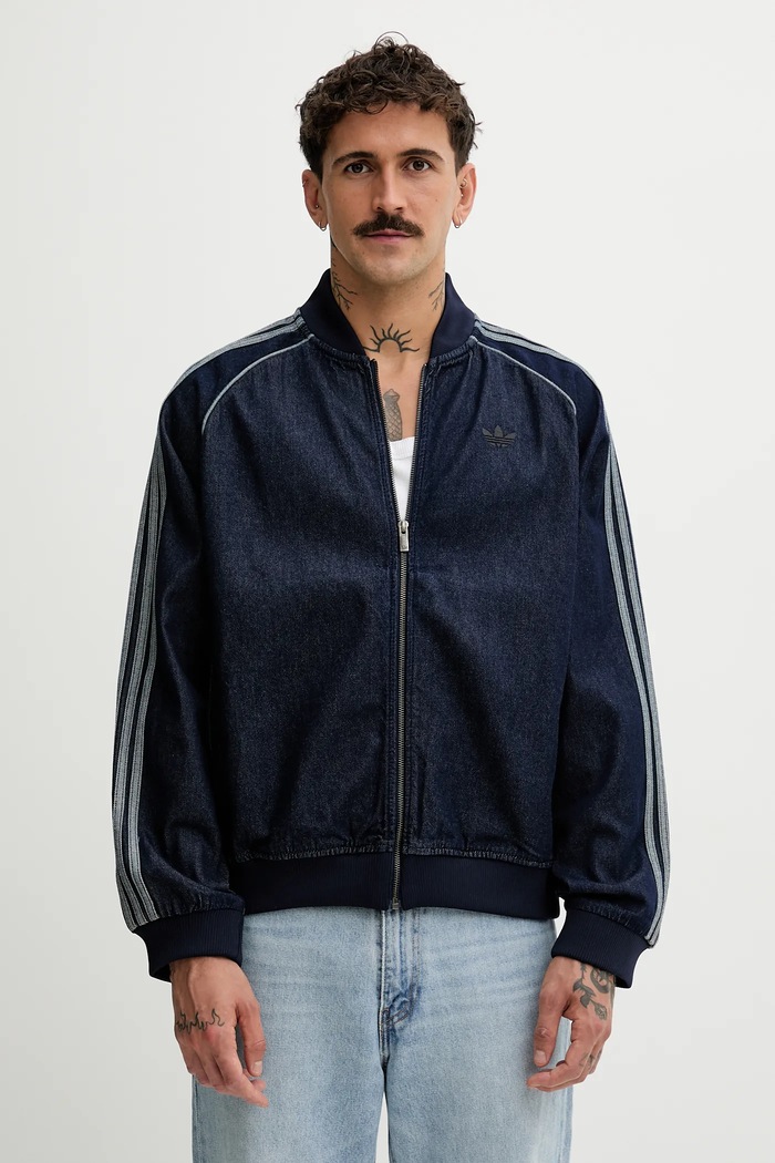adidas Originals суичър с цип от деним Adicolor loose SST без качулка тъмносин JX6461