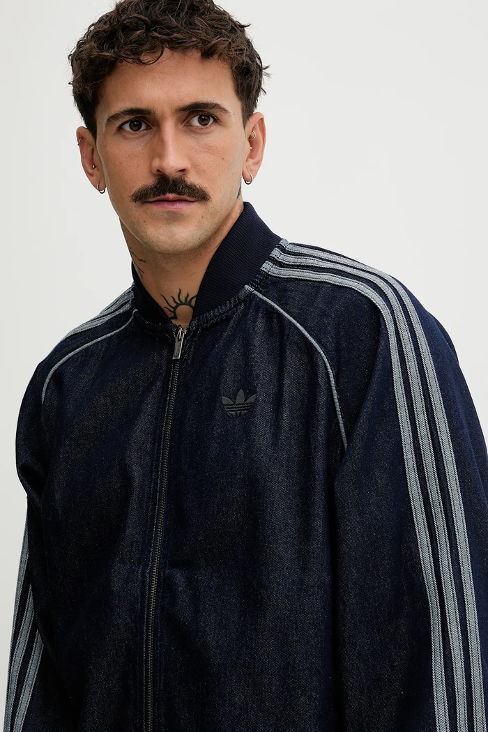 adidas Originals суичър с цип от деним Adicolor loose SST тъмносин JX6461