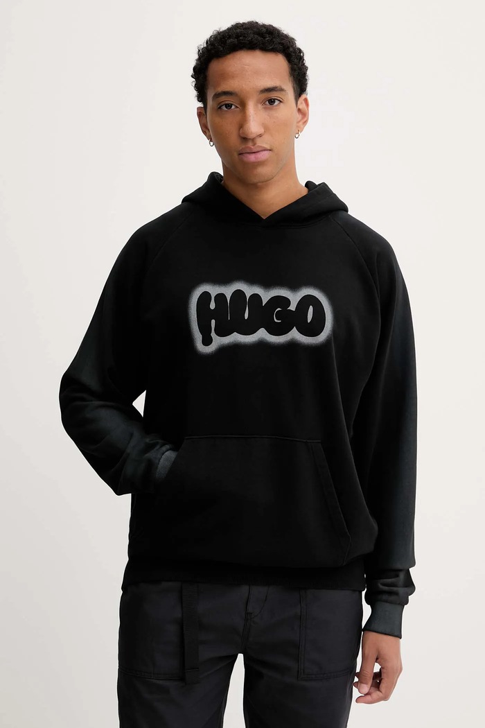 Бавовняна кофта Hugo Blue Nuneony з капюшоном чорний 50549579