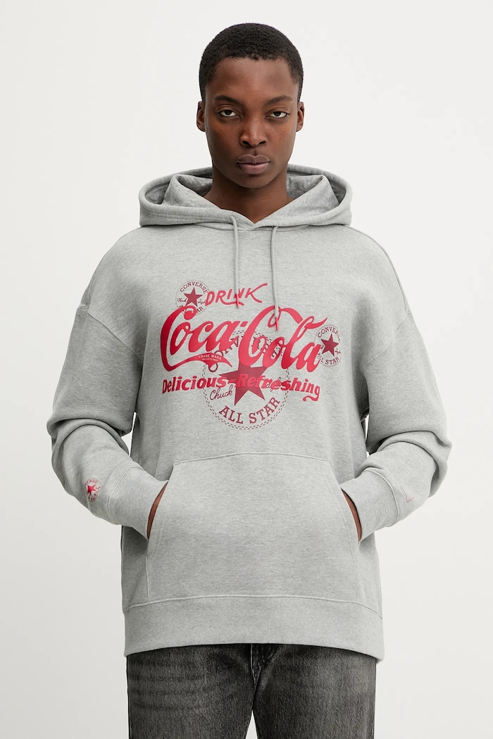 Bavlněná mikina Converse x Coca Cola s kapucí šedá CVM5H502