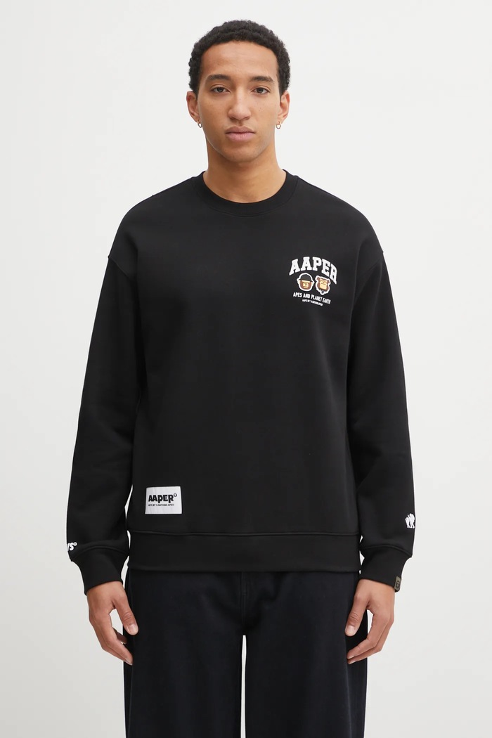 Суичър AAPE Aaper Crew Neck щампа черен AAPSWMC366XXP