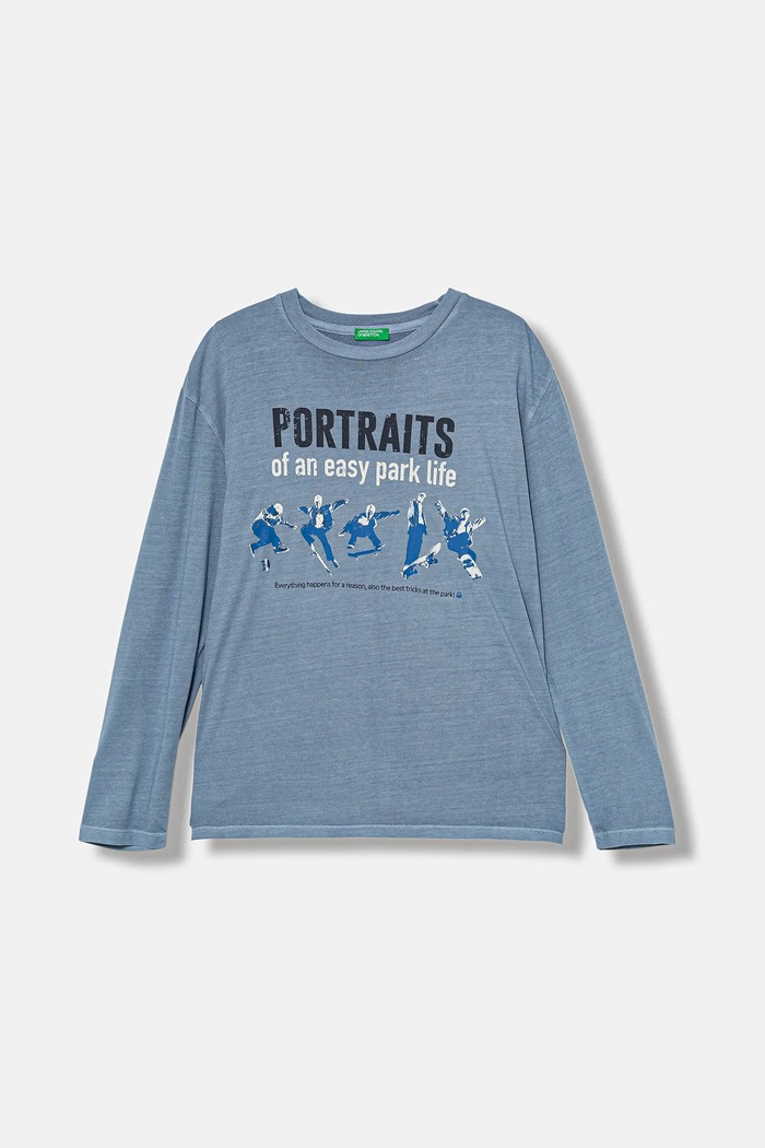 United Colors of Benetton longsleeve bawełniany dziecięcy nadruk niebieski 3PCMC10QL.G.seasonal