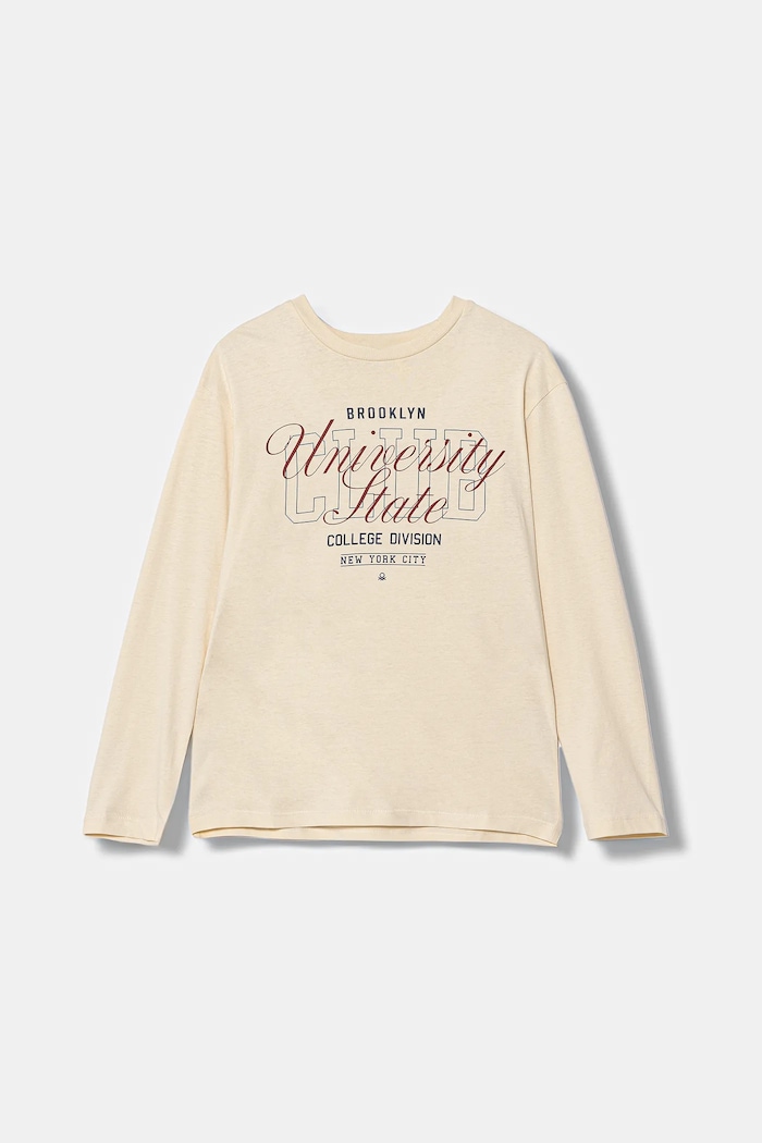 United Colors of Benetton longsleeve bawełniany dziecięcy nadruk beżowy 35RYC10QQ.G.seasonal