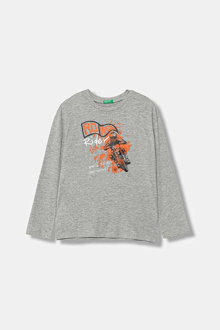 United Colors of Benetton longsleeve bawełniany dziecięcy nadruk szary 35RYC10QQ.G.seasonal