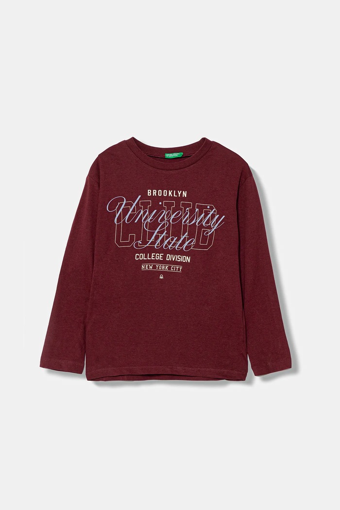 United Colors of Benetton longsleeve bawełniany dziecięcy nadruk bordowy 35RYC10QQ.G.seasonal