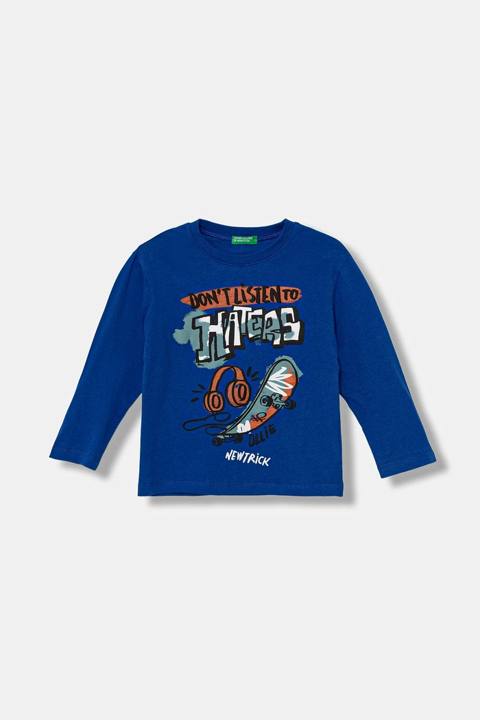 United Colors of Benetton longsleeve bawełniany dziecięcy nadruk niebieski 35RYG10K4.P.seasonal