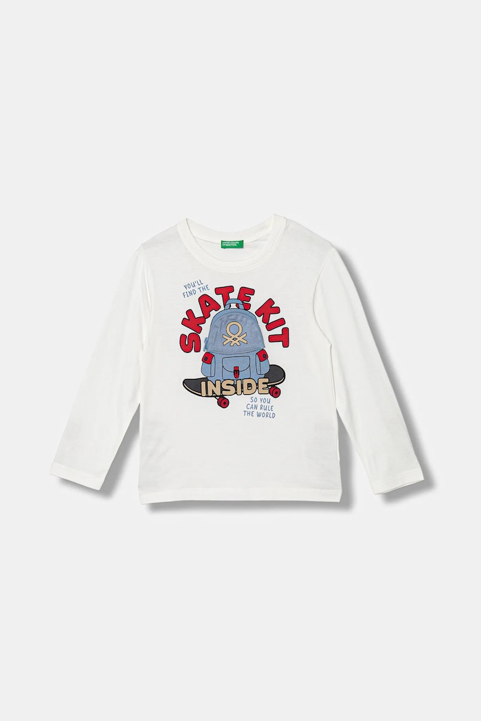 Otroška bombažna majica z dolgimi rokavi United Colors of Benetton Potisk bela 3I1XG10KQ.P.seasonal