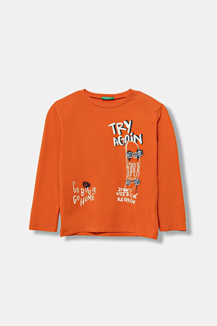 Otroška bombažna majica z dolgimi rokavi United Colors of Benetton Potisk oranžna 3JERG10K5.P.seasonal