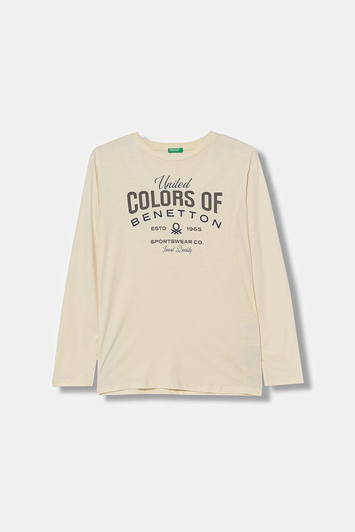 United Colors of Benetton longsleeve bawełniany dziecięcy nadruk beżowy 3ATNC10QU.G.Seasonal