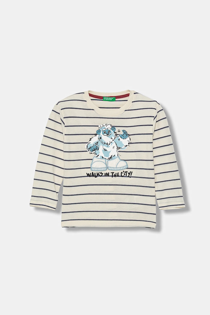 United Colors of Benetton longsleeve bawełniany dziecięcy nadruk beżowy 3XVJG10KW.P.Seasonal