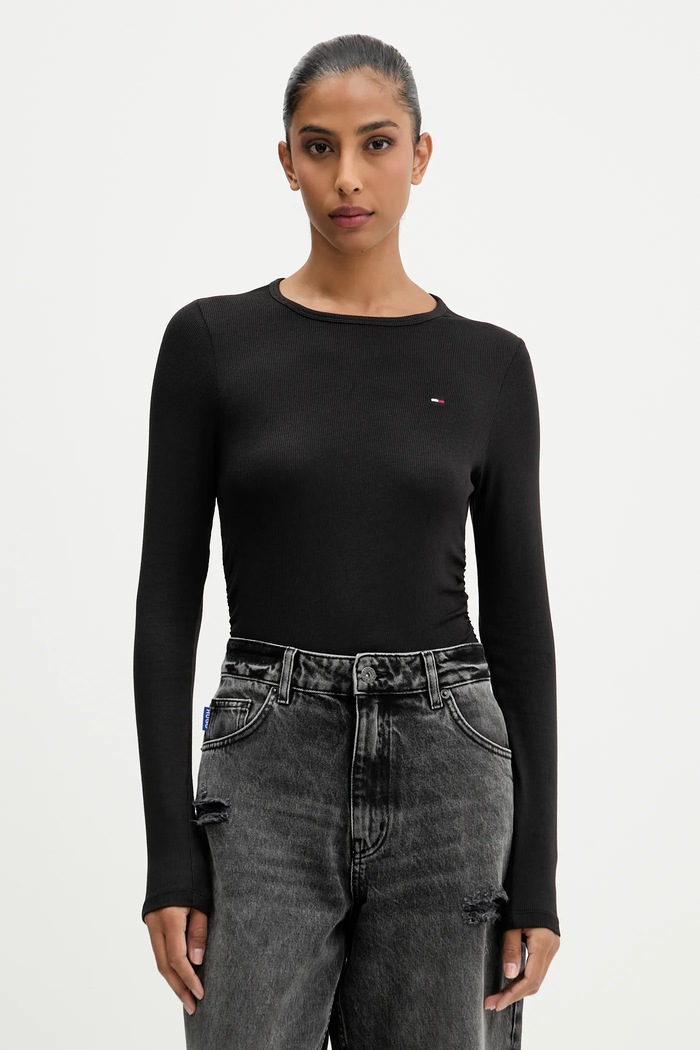 Μακρυμάνικο Tommy Jeans slim μαύρο DW0DW21568