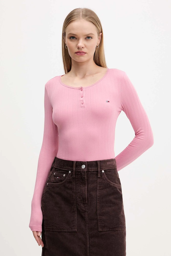 Tričko s dlhým rukávom Tommy Jeans slim ružová DW0DW21575