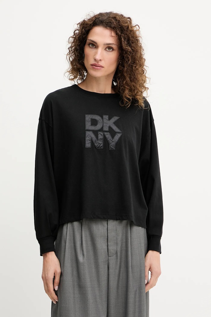 Bavlněné tričko s dlouhým rukávem Dkny kulatý černá DJ5T1488