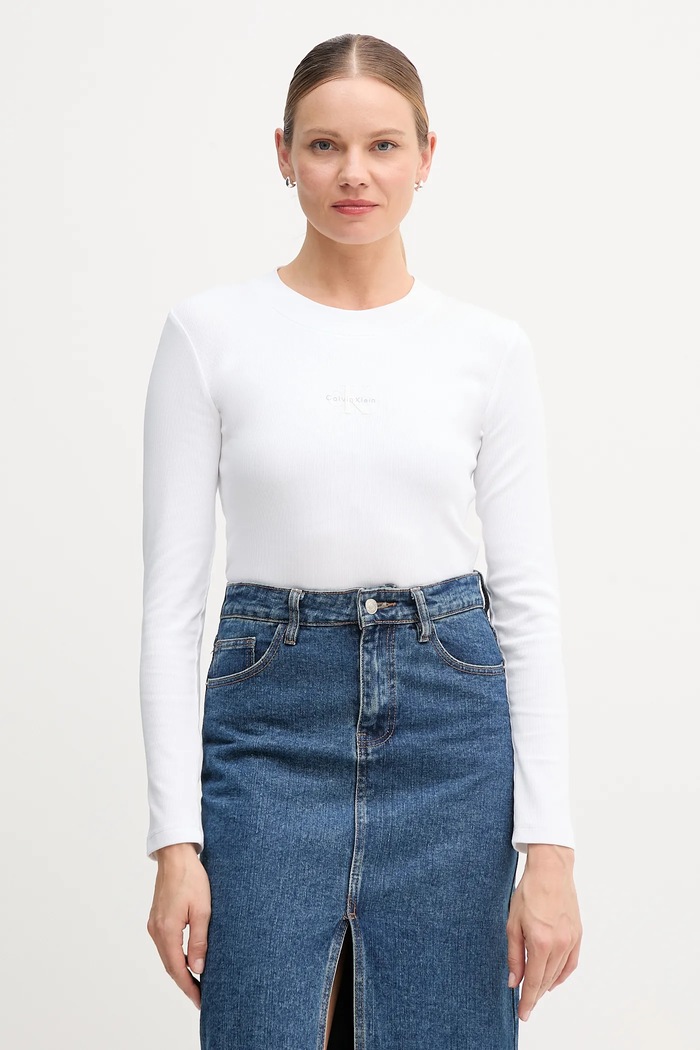 Tričko s dlhým rukávom Calvin Klein Jeans potlač biela LV047A803G