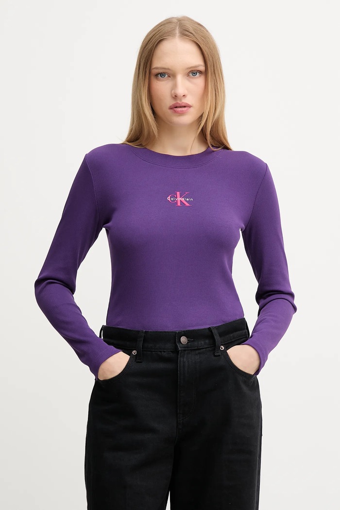 Tričko s dlouhým rukávem Calvin Klein Jeans potisk fialová LV047A803G
