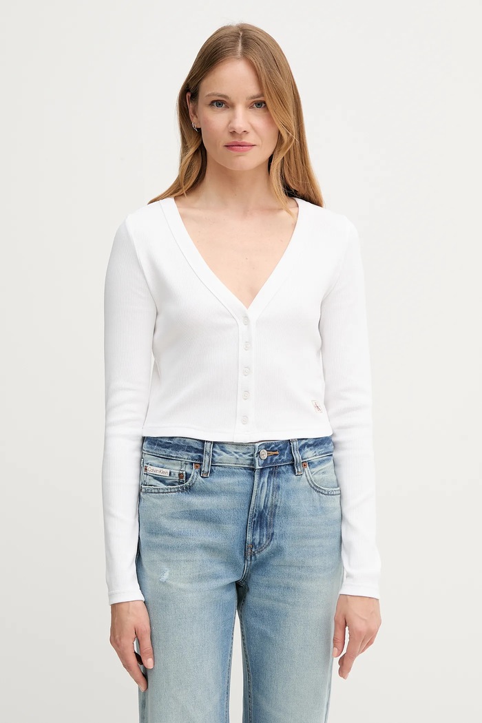Calvin Klein Jeans kardigán dámsky bavlnený s elastanom tenká biela LV047C204G