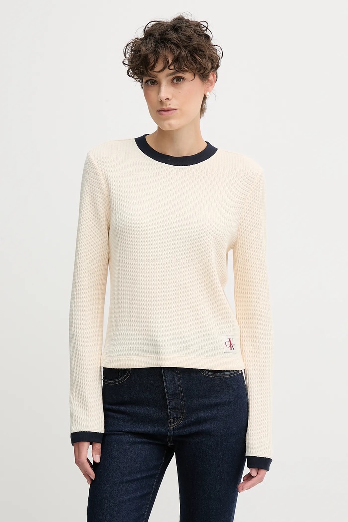 Tričko s dlhým rukávom Calvin Klein Jeans jednofarebný béžová LV047D225G