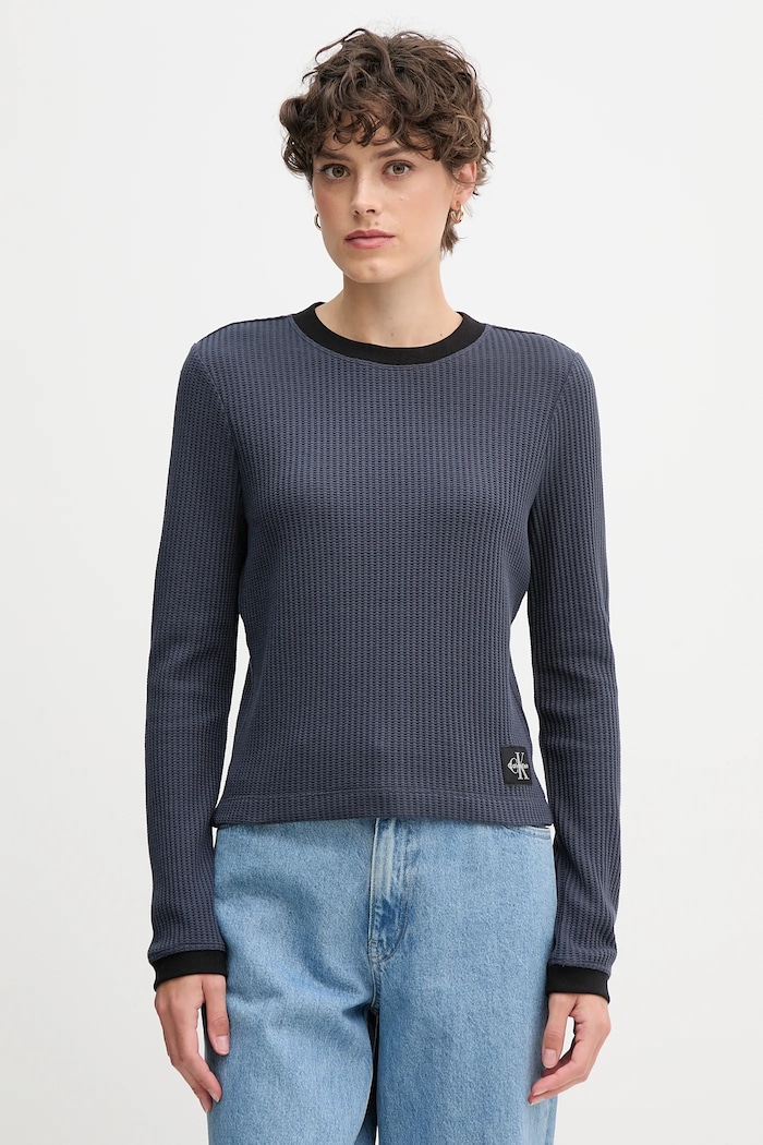Tričko s dlhým rukávom Calvin Klein Jeans jednofarebný tmavomodrá LV047D225G