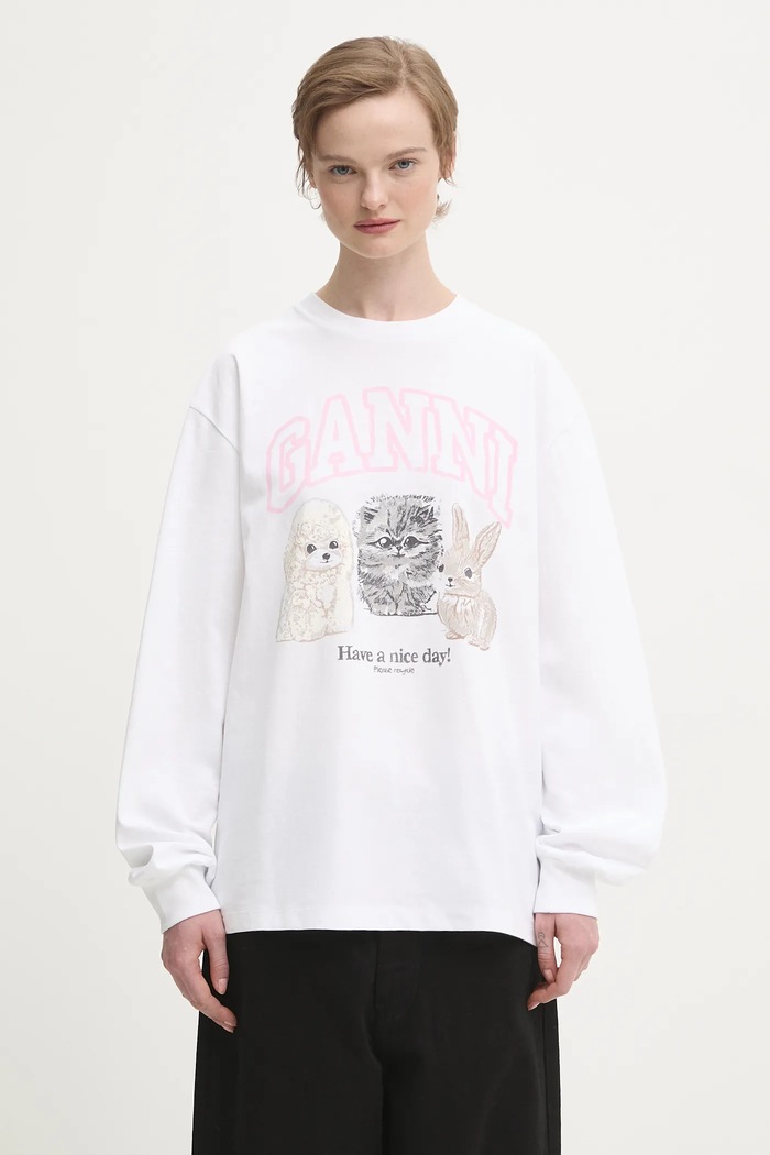 GANNI longsleeve bawełniany Re-cut Heavy Jersey Animals nadruk biały T4275