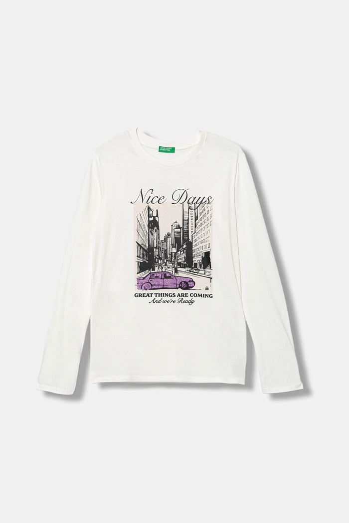 United Colors of Benetton longsleeve bawełniany dziecięcy nadruk biały 35RYC10QE.G.seasonal