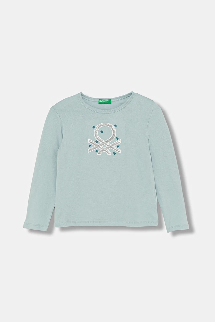 United Colors of Benetton longsleeve din bumbac pentru copii imprimeu turcoaz 3ATNG10KZ.P.Seasonal