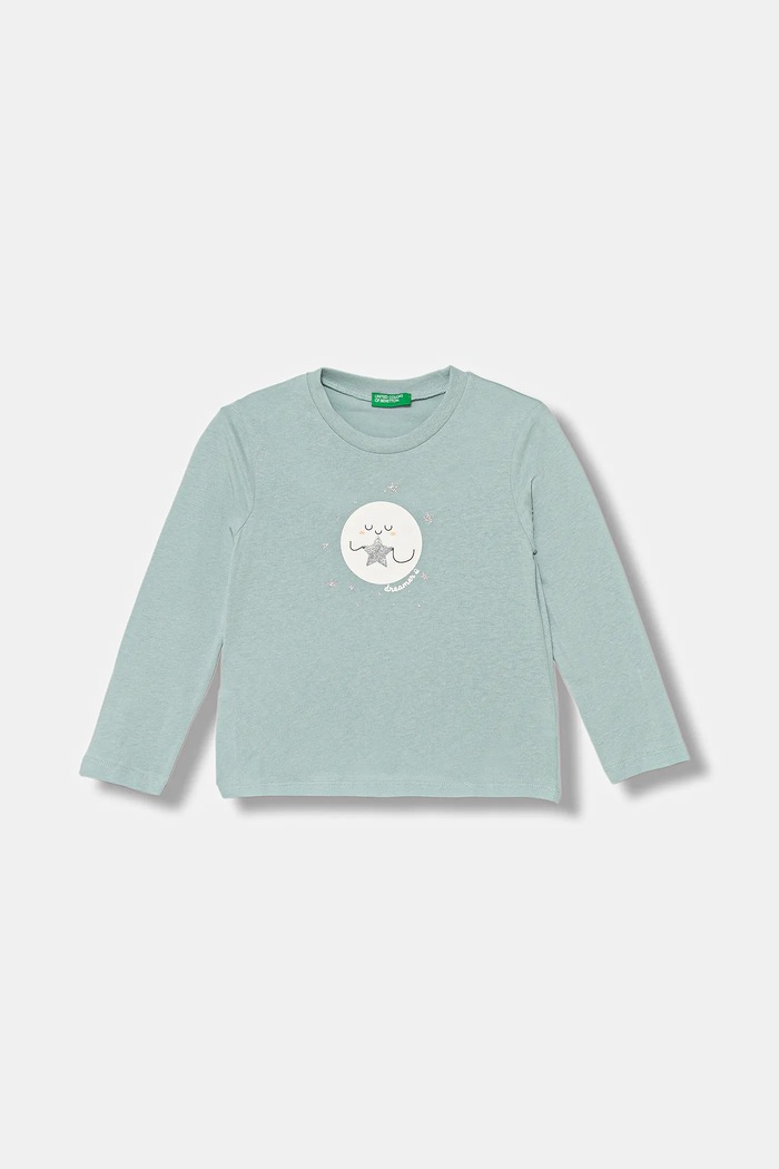 United Colors of Benetton longsleeve bawełniany dziecięcy nadruk turkusowy 3ATNG10L7.P.Seasonal