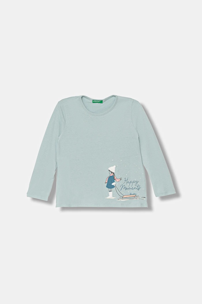 United Colors of Benetton longsleeve bawełniany dziecięcy nadruk turkusowy 3ATNG10L8.P.Seasonal