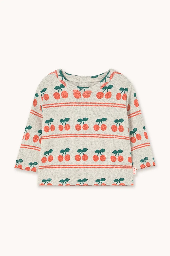 Detské bavlnené tričko s dlhým rukávom Tinycottons CHERRY PATTERN RIB BABY TEE s elastanom sivá AW25.221
