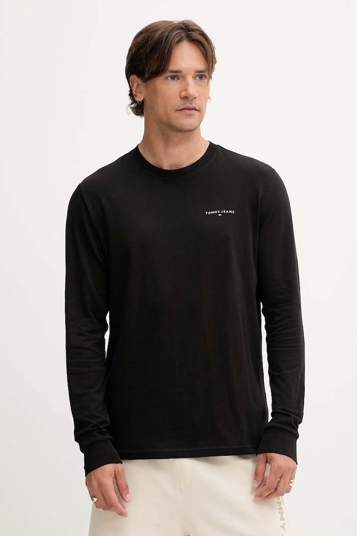 Памучна блуза с дълги ръкави Tommy Jeans изчистен черен DM0DM21594
