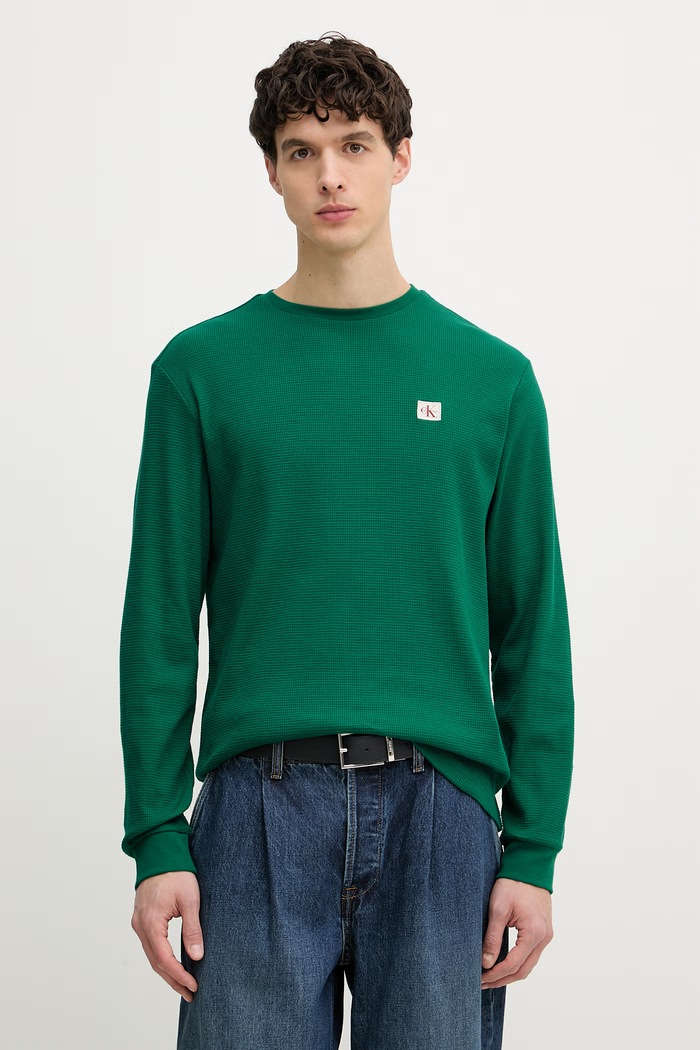Calvin Klein Jeans tričko s dlhým rukávom pánske s bavlnou zelená LV040EM217