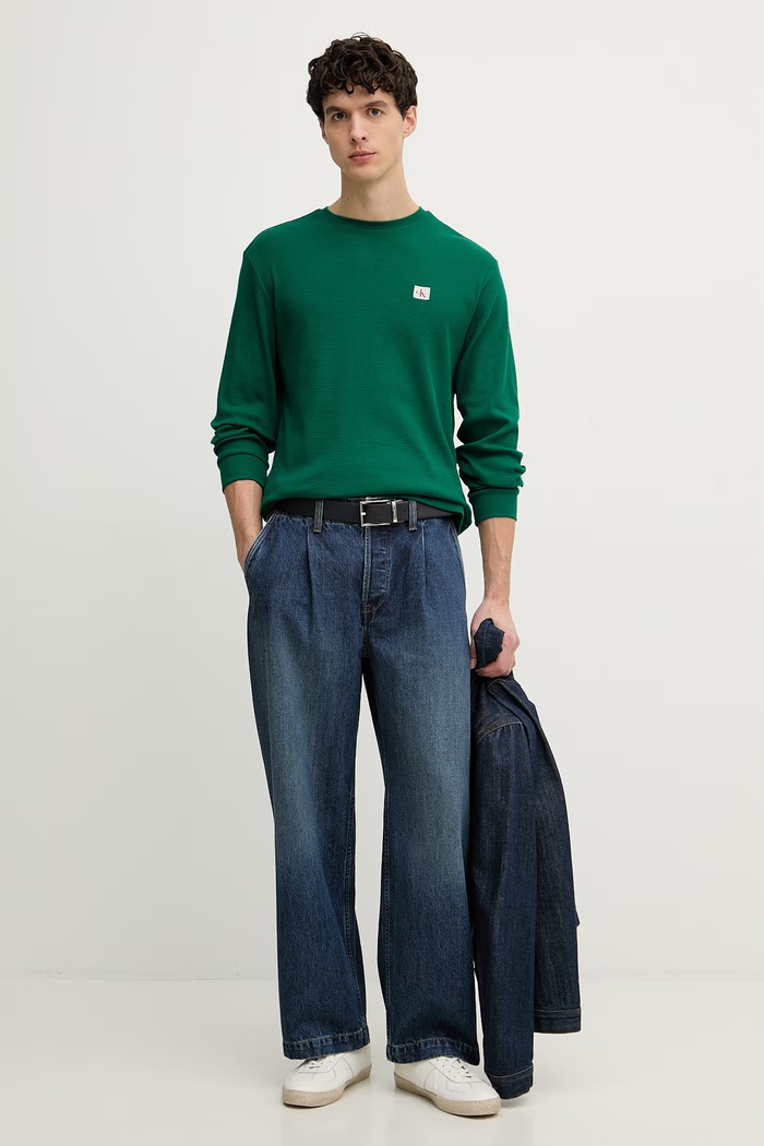 Calvin Klein Jeans tričko s dlhým rukávom pánske s bavlnou LV040EM217 zelená SS26