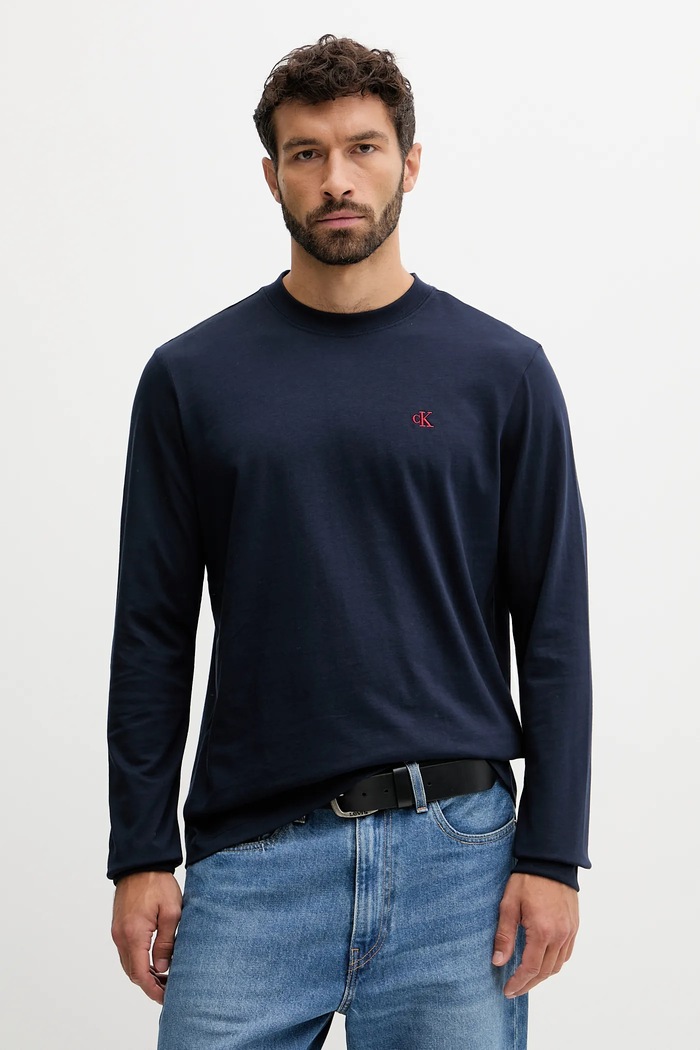 Bavlnené tričko s dlhým rukávom Calvin Klein Jeans nášivka tmavomodrá LV04RD247G