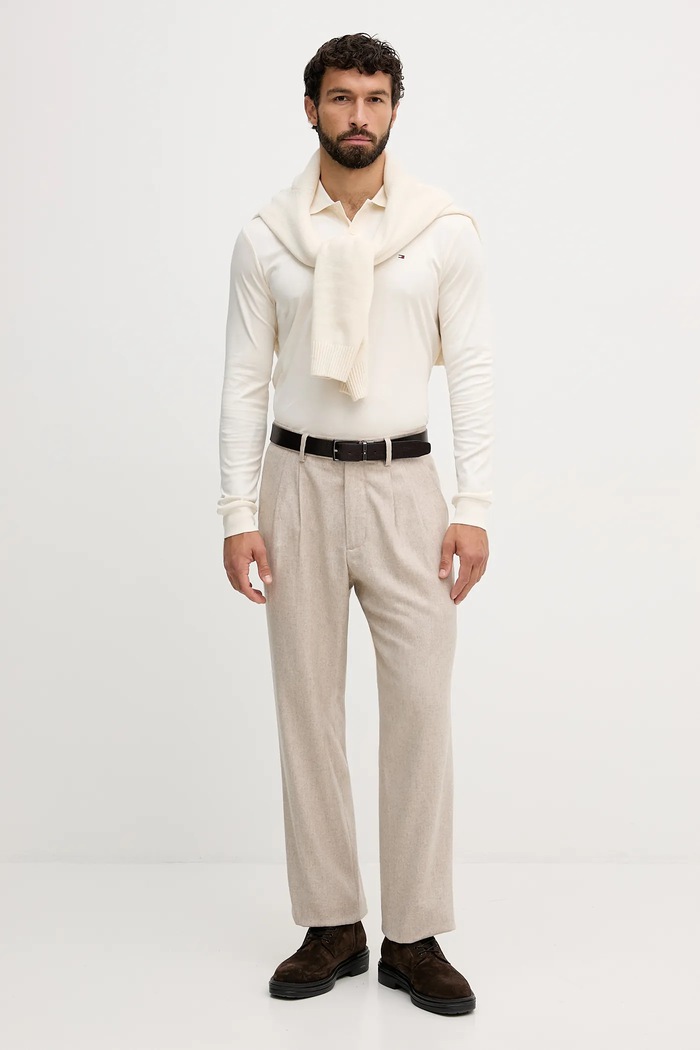 Bavlnené tričko s dlhým rukávom Tommy Hilfiger MW0MW37317 béžová SS26