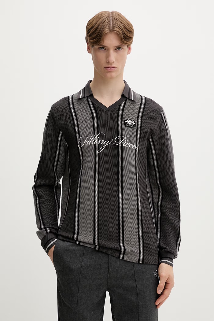 Filling Pieces svetr pánský s viskózou Knit Football Jersey V výstřih šedá 422574500148