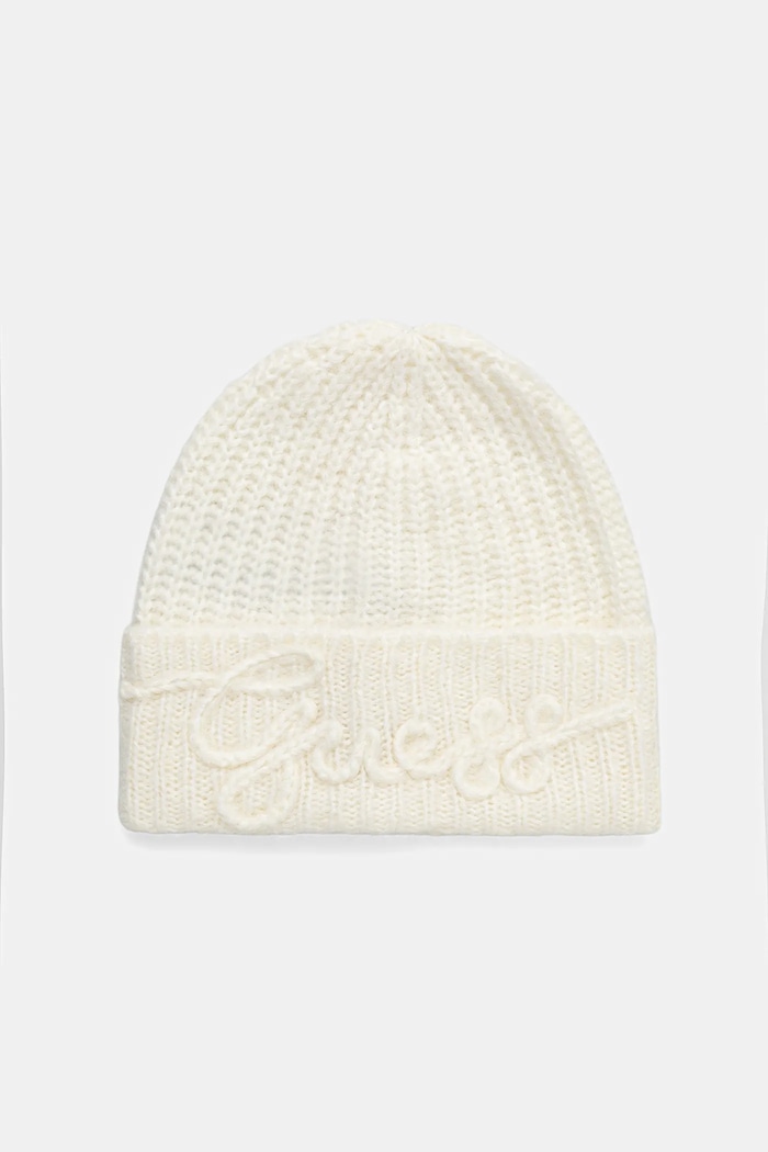 Čepice z vlněné směsi Guess LEXIE s příměsí vlny béžová W5BZ18.Z3580