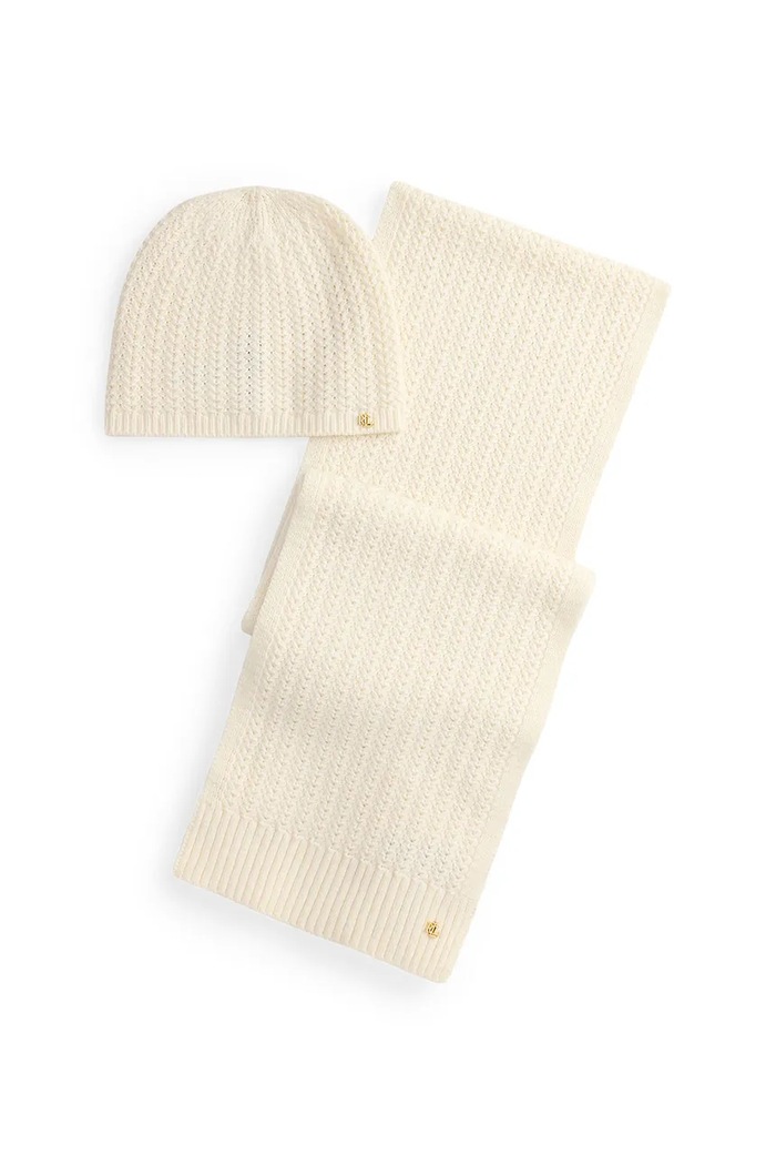 Čiapka a šál s prímesou vlny Lauren Ralph Lauren stredne hrubá béžová 454P04471