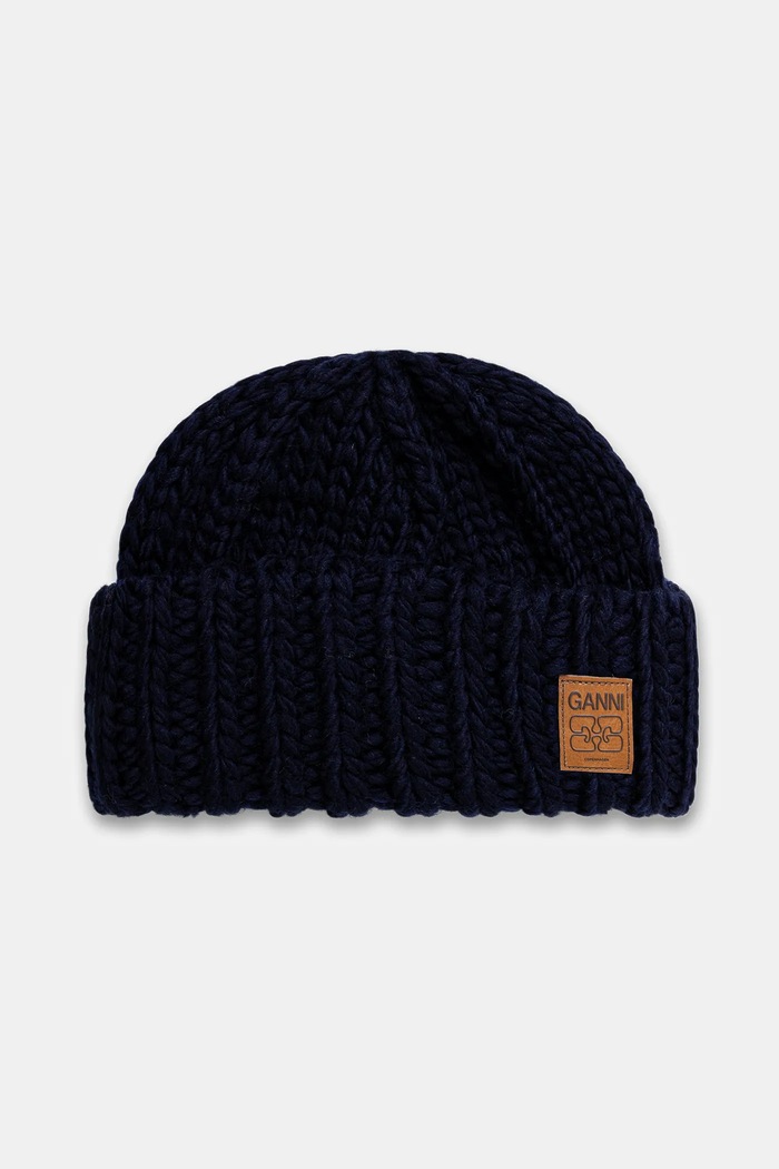 Вълнена шапка GANNI Graphic Wool Hand Knit щампа тъмносин A7171