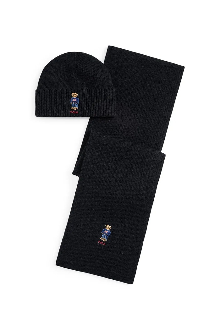 Polo Ralph Lauren wool blend hat and scarf applique black 449P02050