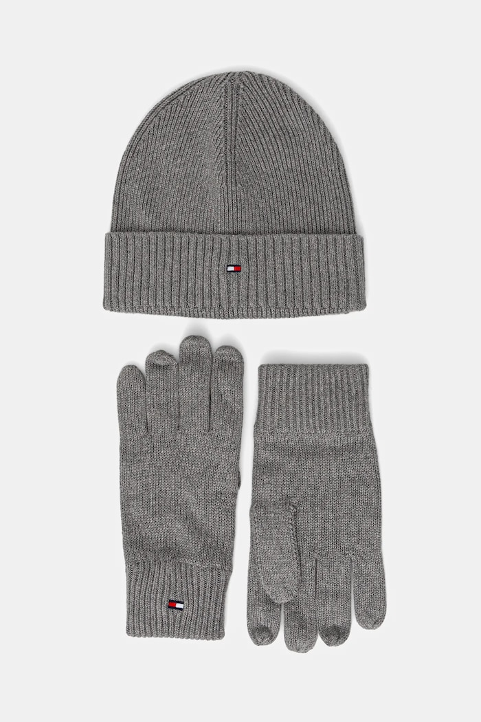 Čiapka a rukavice s prímesou kašmíru Tommy Hilfiger 2-pak s prímesou vlny sivá AM0AM13806