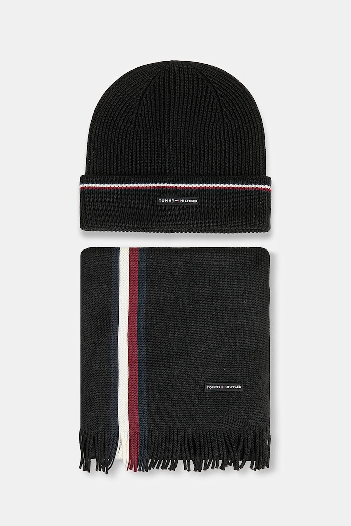 Tommy Hilfiger pălărie și eșarfă din lână cu modele negru AM0AM13809