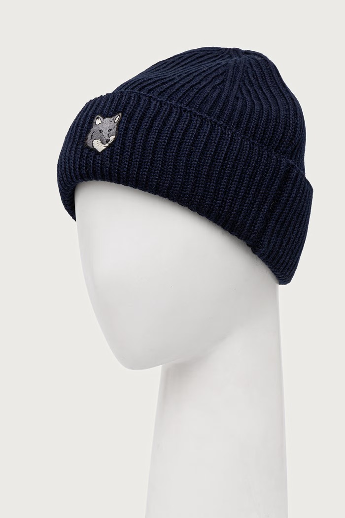 Maison Kitsuné Fox Head Large Beanie czapka beanie wełniana męska PM06112KT1022 granatowy AW25