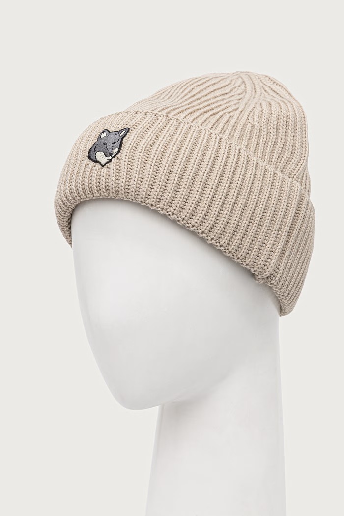 Maison Kitsuné Fox Head Large Beanie czapka beanie wełniana męska PM06112KT1022 beżowy AW25