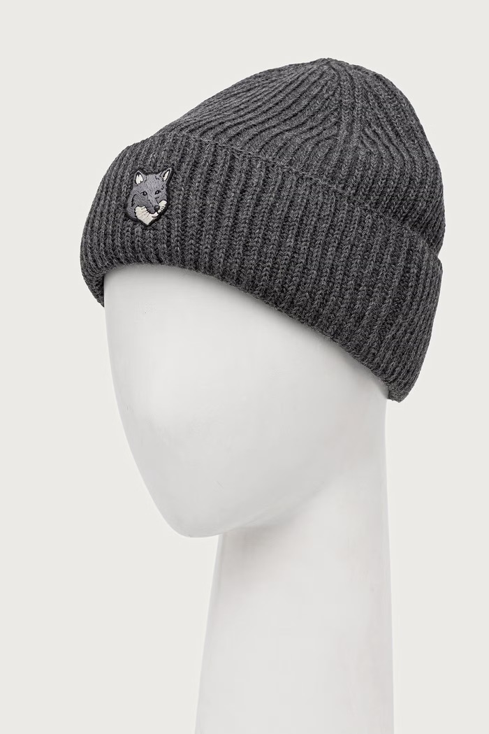 Maison Kitsuné Fox Head Large Beanie czapka beanie wełniana męska PM06112KT1022 szary AW25